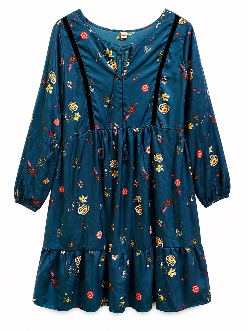 Boho Floral Tiered Plus Size Dress Teal Blue Long Sleeve Tassel Tie 2X